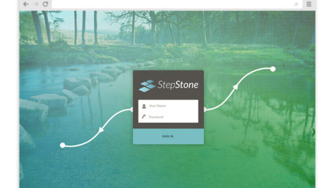 Stepstone main log in page showing a pond with stepping stones behind a login window