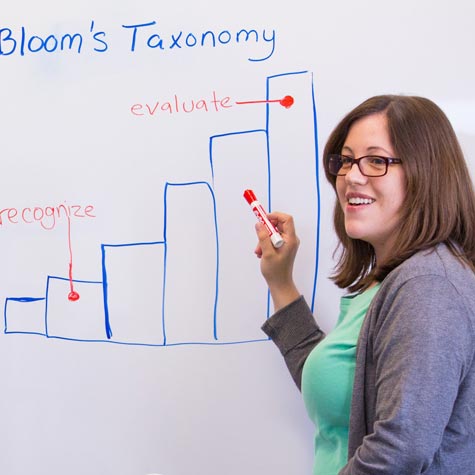 CET staff member at whiteboard showing diagram of Bloom's Taxonomy