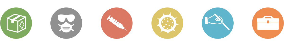 icons from the course including shipping box, PPE, syringe, virus, surgery, toolkit