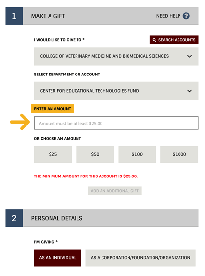 arrow pointing to enter an amount field of form