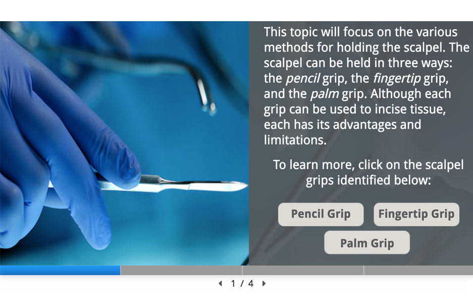 screenshot of the CSS surgical course showing how to grip a scalpel