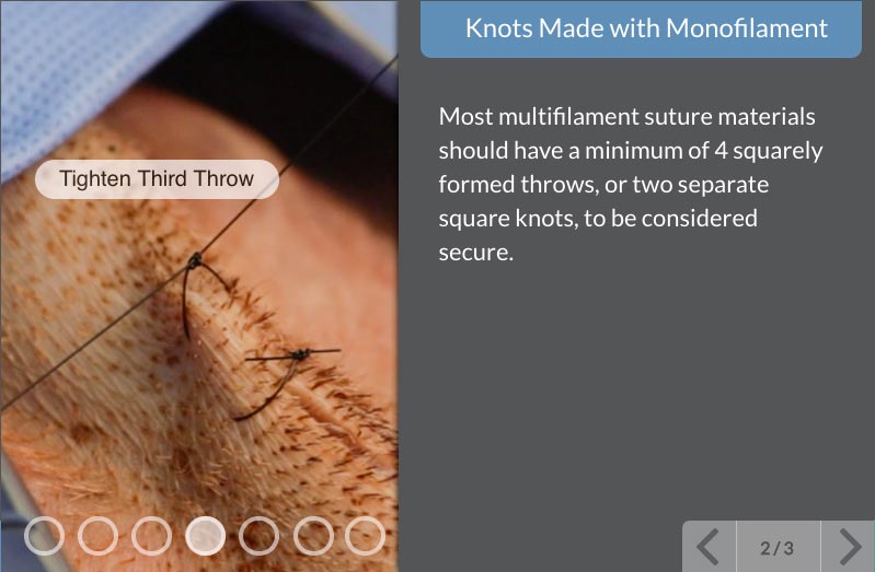 screenshot of the CSS course showing how to make monofilament suture knots
