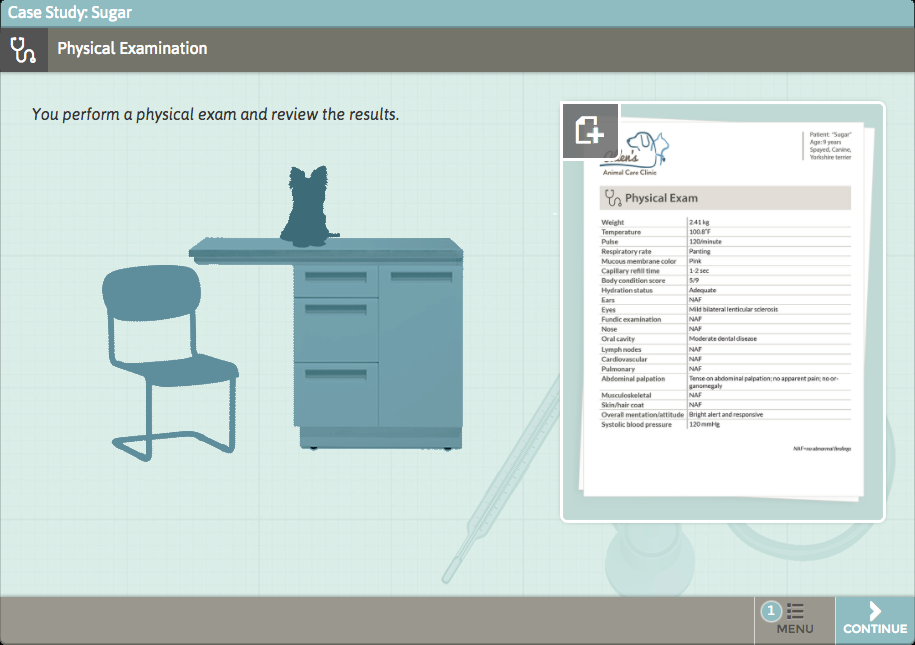 screenshot of a case study in the stepstone player showing a physical exam record for a dog