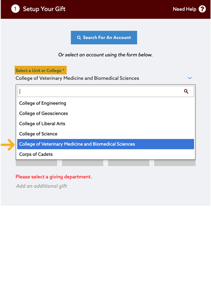 how_to_give_1 arrow pointing to I would like to give dropdown with College of veterinary medicine selected
