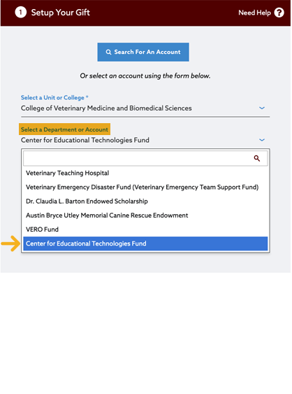 how_to_give_2 arrow pointing to Select Department or account dropdown of form