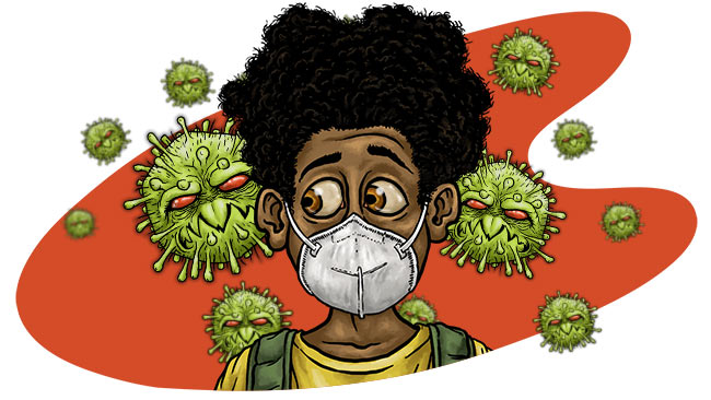 A teenage boy wearing a surgical mask looks concerned as scary cartoon viruses approach from behind.