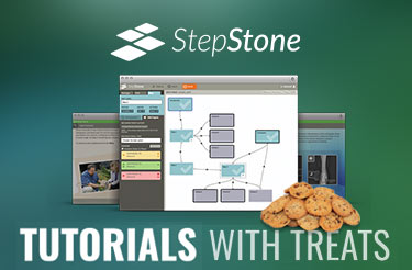 Text reads Tutorials with treats over screens from the Stepstone app and a pile of cookies