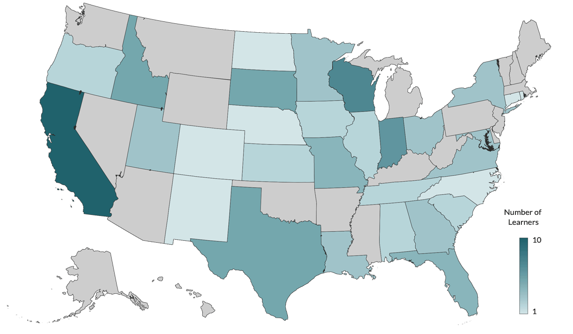 map of the US showing color graded states by number of learners. Darker states have more learners than lighter states.
