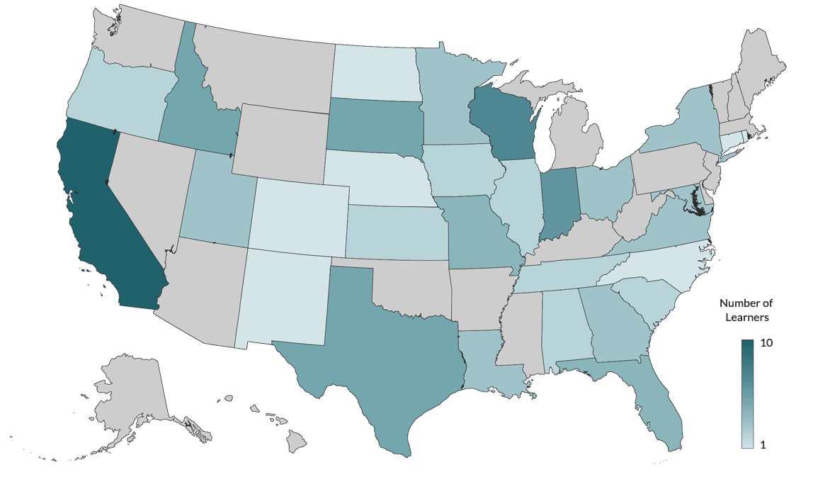 FADD_CE_map_2023 map of the US showing color graded states by number of learners. Darker states have more learners than lighter states.