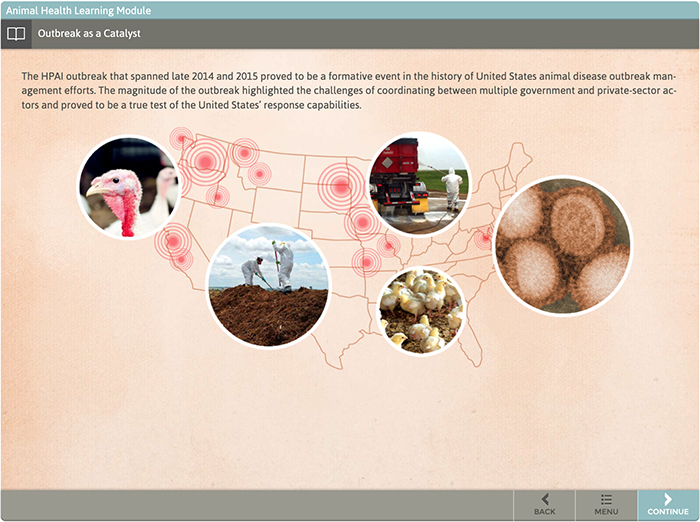 screen from the Animal Health module showing the Impact of the HPAI outbreak in the US in 2014. a map of the US is overlayed with hotspot markers and photos of poultry and emergency responders.