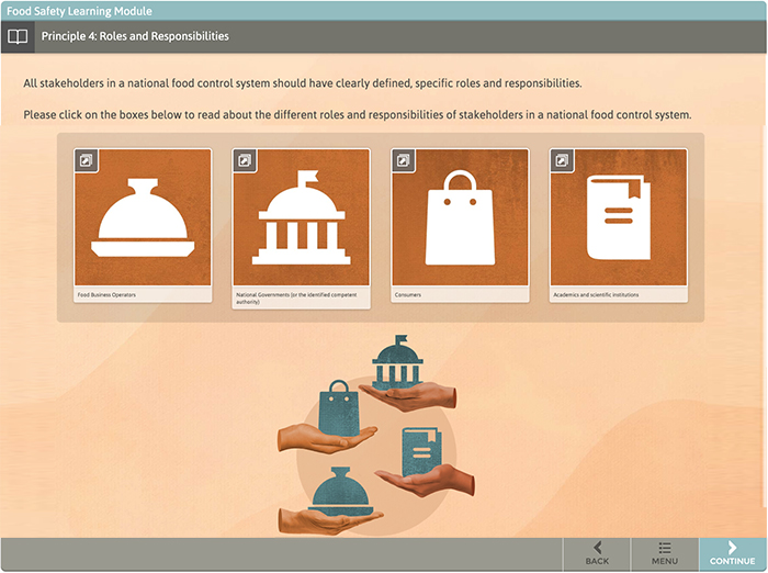 screen from the Food Safety course showing a pop up topic about roles in a national food control system.