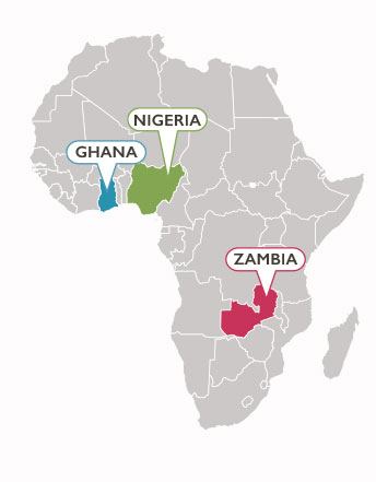 map of Africa with Ghana, Nigeria, and Zambia highlighted