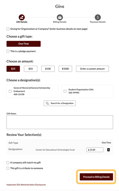 how to give step three, review and continue to billing details